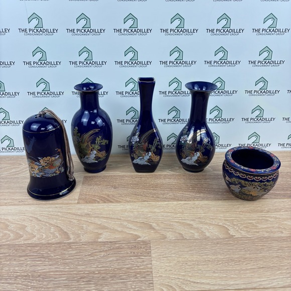 Unbranded Other - 5pc Chinese Cobalt Blue Porcelain Set Vases Bell Bowl Gilt Bird Crane Pheasant